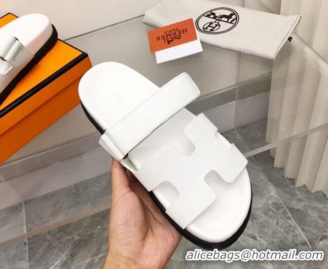 Good Quality Hermes Chypre Calfskin Flat Slide Sandals 011309 White