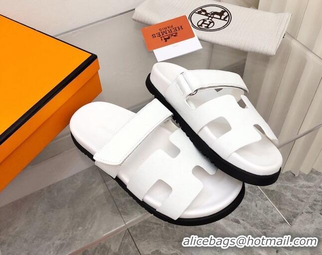 Good Quality Hermes Chypre Calfskin Flat Slide Sandals 011309 White