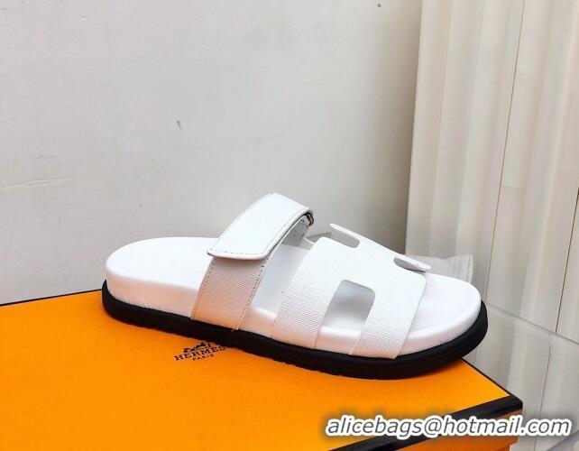 Good Quality Hermes Chypre Calfskin Flat Slide Sandals 011309 White