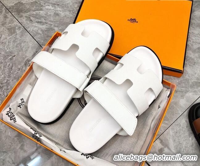 Good Quality Hermes Chypre Calfskin Flat Slide Sandals 011309 White