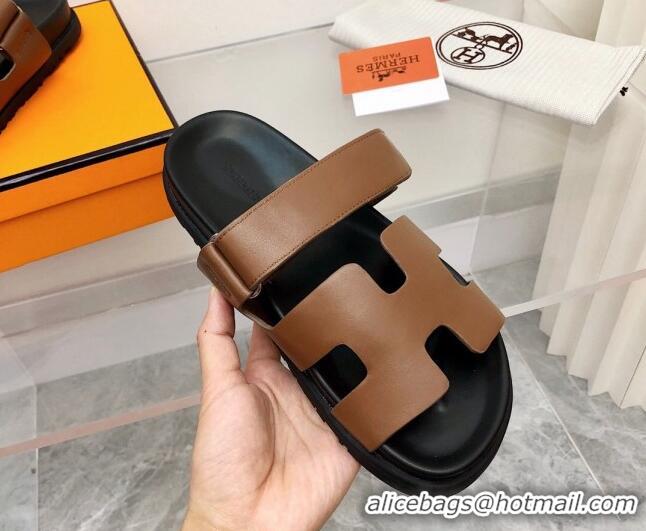 Low Cost Hermes Chypre Calfskin Flat Slide Sandals 011309 Brown/Black