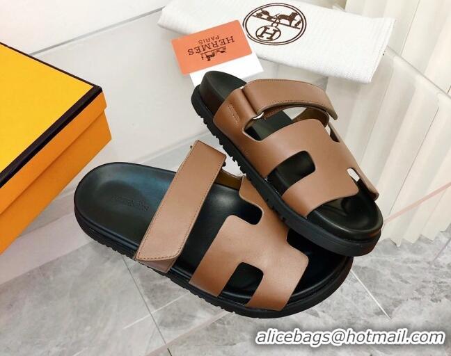 Low Cost Hermes Chypre Calfskin Flat Slide Sandals 011309 Brown/Black