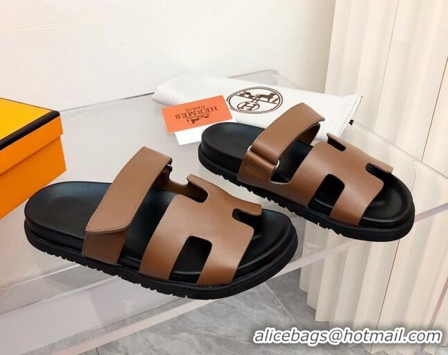 Low Cost Hermes Chypre Calfskin Flat Slide Sandals 011309 Brown/Black