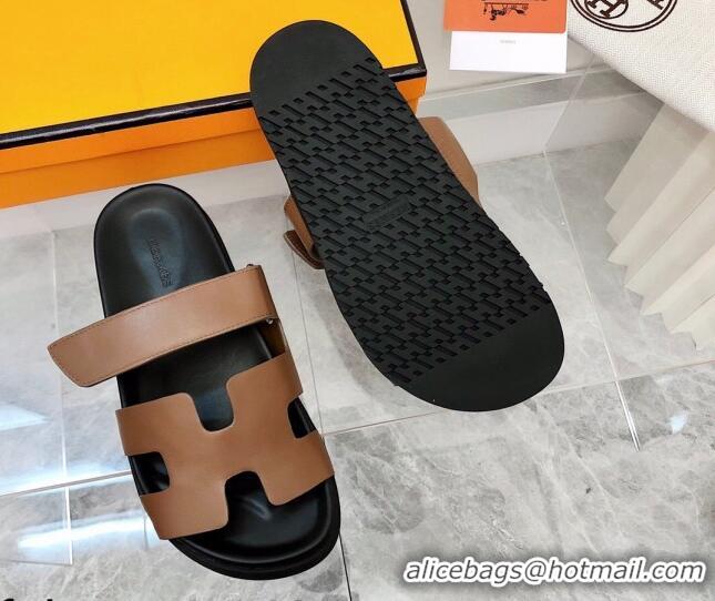 Low Cost Hermes Chypre Calfskin Flat Slide Sandals 011309 Brown/Black