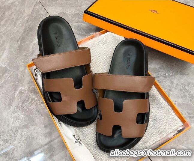 Low Cost Hermes Chypre Calfskin Flat Slide Sandals 011309 Brown/Black