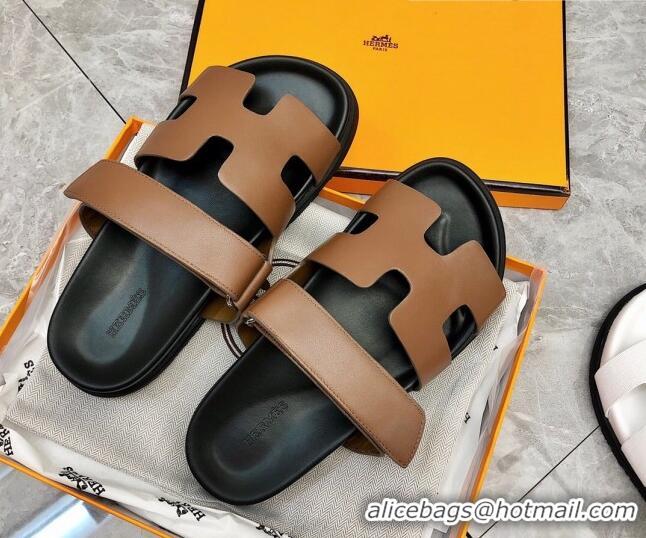 Low Cost Hermes Chypre Calfskin Flat Slide Sandals 011309 Brown/Black