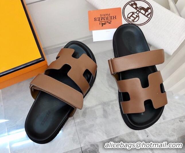 Low Cost Hermes Chypre Calfskin Flat Slide Sandals 011309 Brown/Black