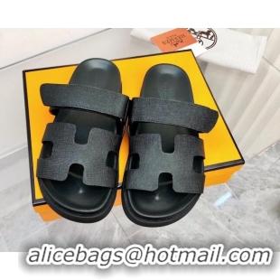 Good Product Hermes Chypre Calfskin Flat Slide Sandals All Black 011313