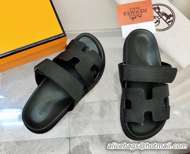 Good Product Hermes Chypre Calfskin Flat Slide Sandals All Black 011313