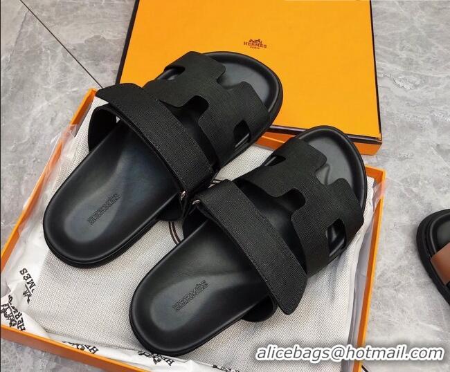 Good Product Hermes Chypre Calfskin Flat Slide Sandals All Black 011313