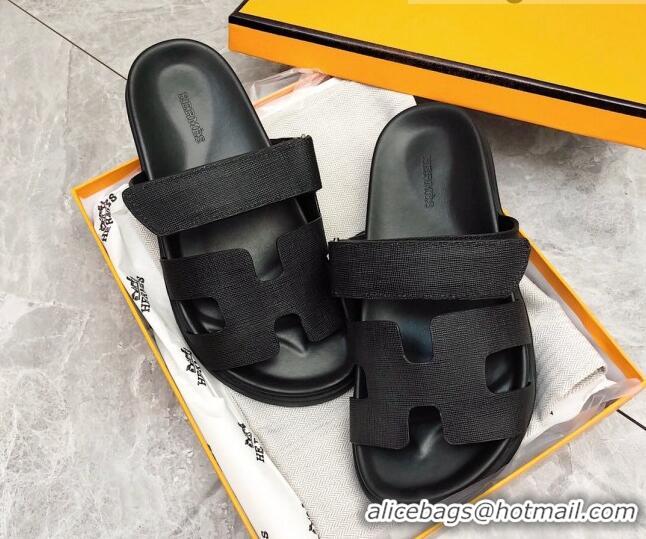 Good Product Hermes Chypre Calfskin Flat Slide Sandals All Black 011313