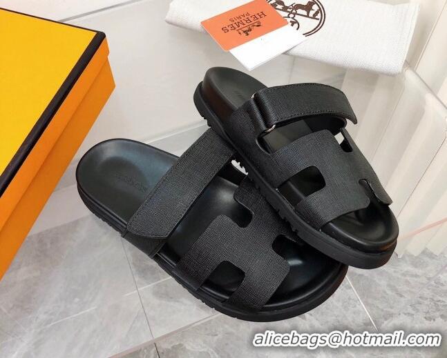 Good Product Hermes Chypre Calfskin Flat Slide Sandals All Black 011313