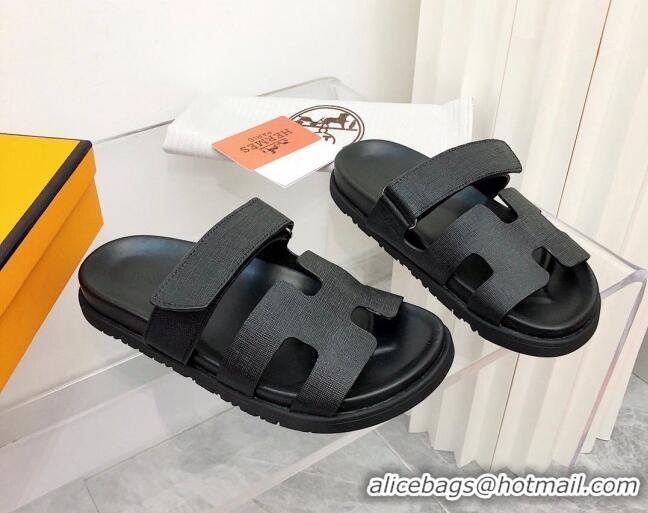 Good Product Hermes Chypre Calfskin Flat Slide Sandals All Black 011313