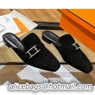 Best Quality Hermes Suede Buckle Flat Slide Sandals 011314 Black