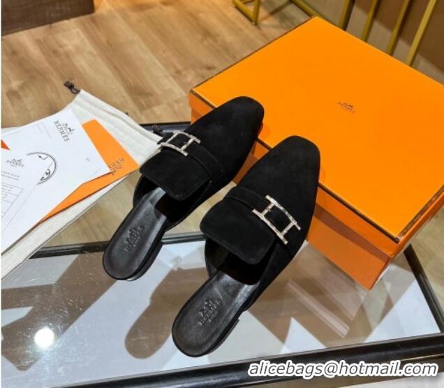 Best Quality Hermes Suede Buckle Flat Slide Sandals 011314 Black