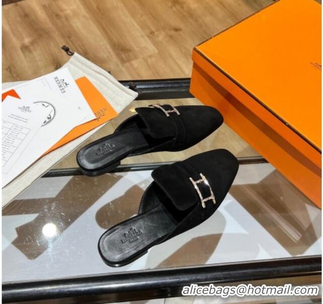 Best Quality Hermes Suede Buckle Flat Slide Sandals 011314 Black