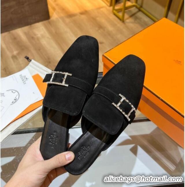 Best Quality Hermes Suede Buckle Flat Slide Sandals 011314 Black