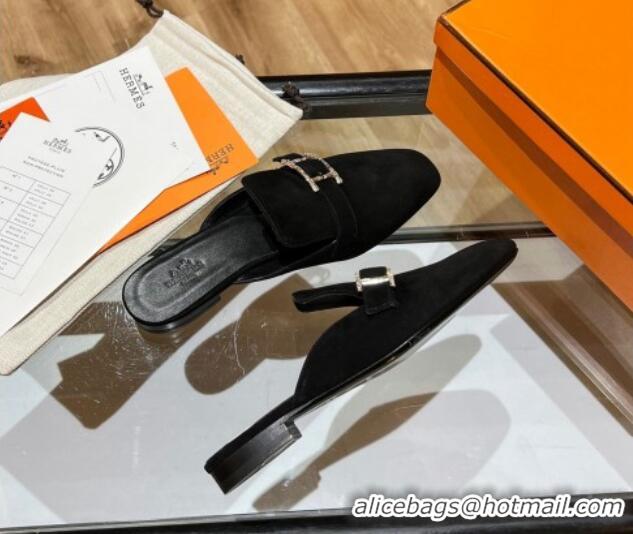 Best Quality Hermes Suede Buckle Flat Slide Sandals 011314 Black