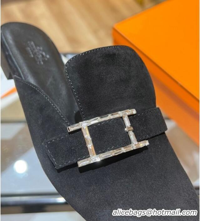 Best Quality Hermes Suede Buckle Flat Slide Sandals 011314 Black