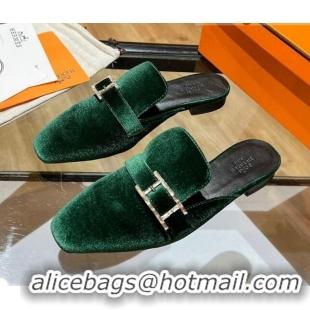 Perfect Hermes Suede Buckle Flat Slide Sandals 011314 Green