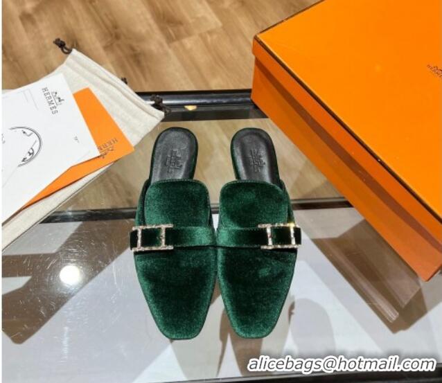 Perfect Hermes Suede Buckle Flat Slide Sandals 011314 Green