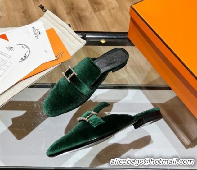 Perfect Hermes Suede Buckle Flat Slide Sandals 011314 Green