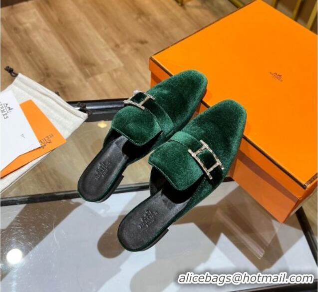 Perfect Hermes Suede Buckle Flat Slide Sandals 011314 Green