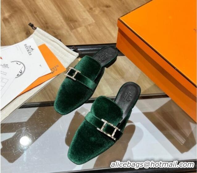 Perfect Hermes Suede Buckle Flat Slide Sandals 011314 Green