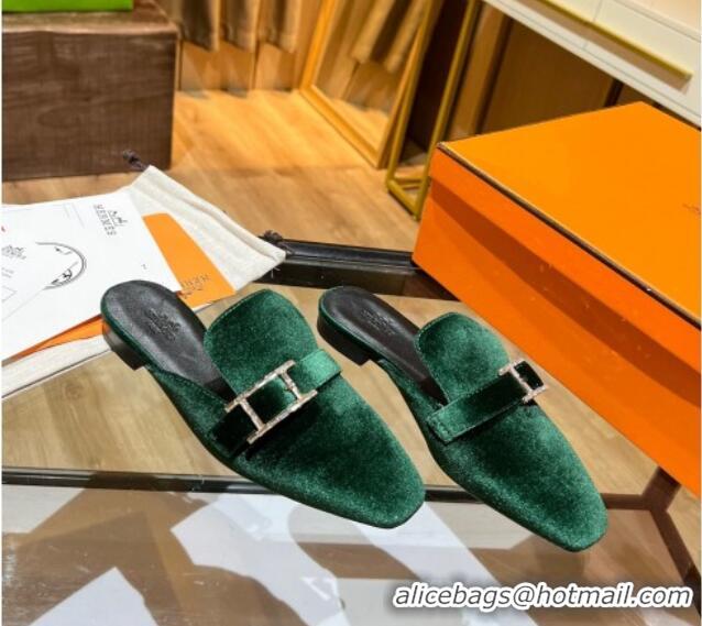 Perfect Hermes Suede Buckle Flat Slide Sandals 011314 Green