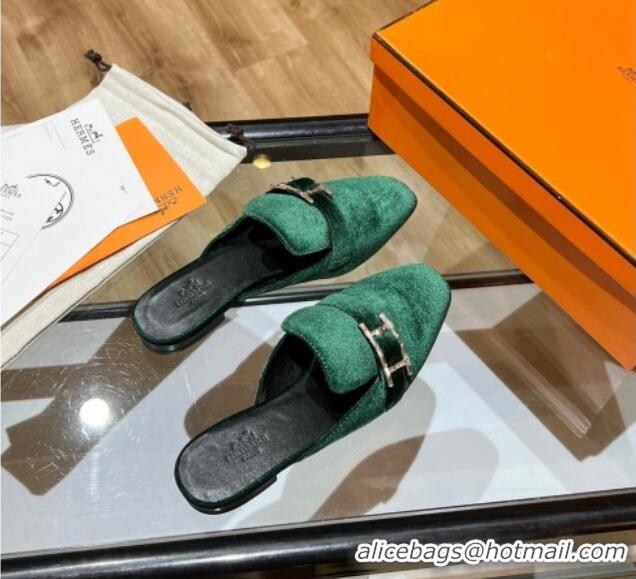 Perfect Hermes Suede Buckle Flat Slide Sandals 011314 Green