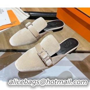 Top Grade Hermes Suede Buckle Flat Slide Sandals 011314 Beige