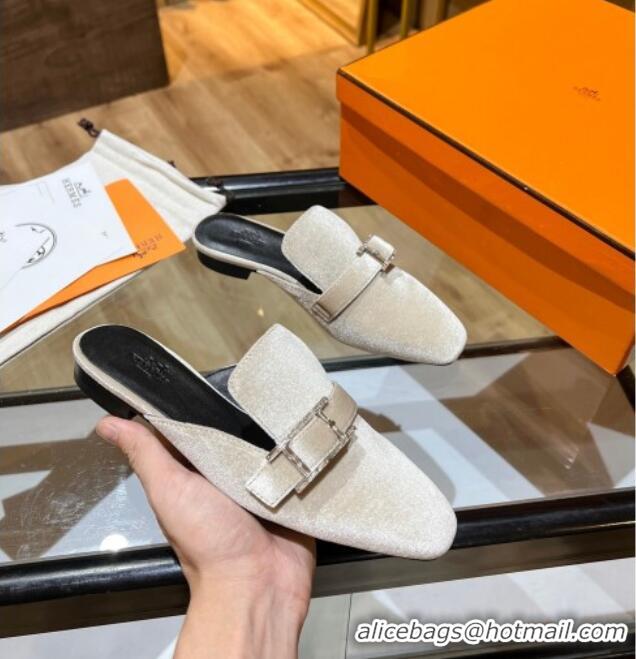 Top Grade Hermes Suede Buckle Flat Slide Sandals 011314 Beige