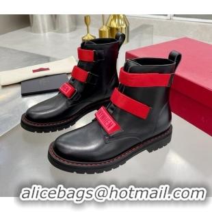 Best Luxury Valentino Soft Leather Ankle Boots with Strap 092528 Black/Red