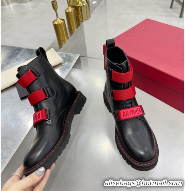 Best Luxury Valentino Soft Leather Ankle Boots with Strap 092528 Black/Red