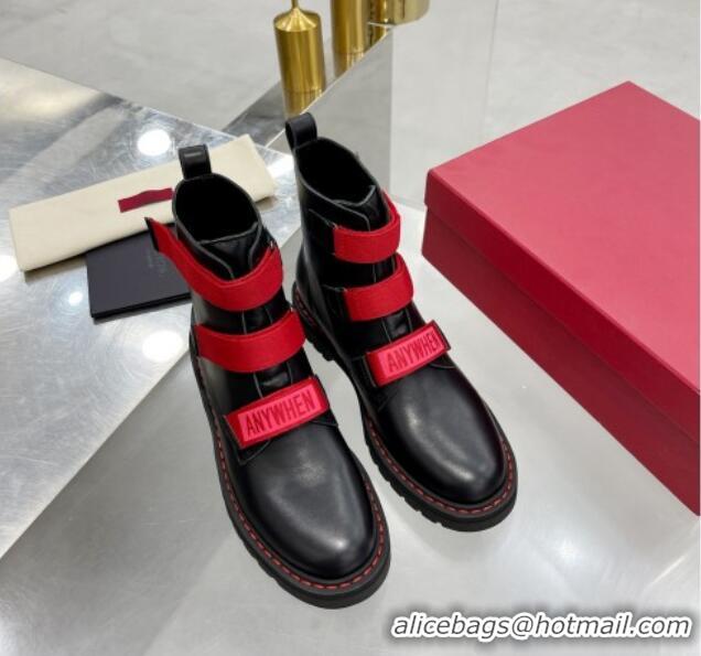 Best Luxury Valentino Soft Leather Ankle Boots with Strap 092528 Black/Red