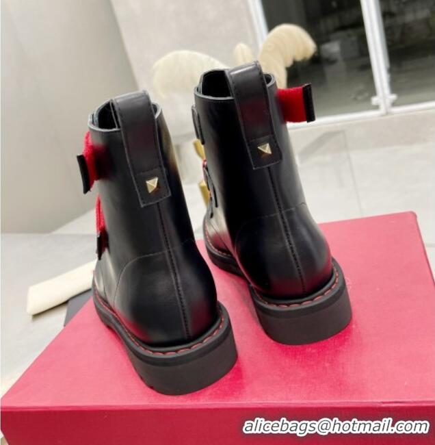 Best Luxury Valentino Soft Leather Ankle Boots with Strap 092528 Black/Red