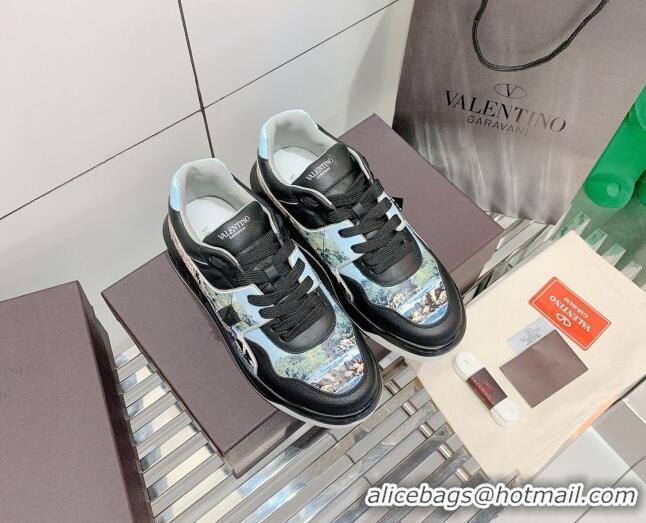 Best Price Valentino One Stud Print Leather Low-Top Sneakers 092530 Blue/Black