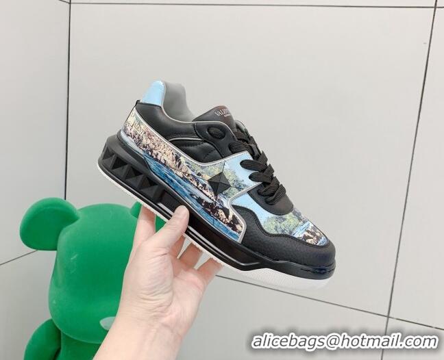 Best Price Valentino One Stud Print Leather Low-Top Sneakers 092530 Blue/Black