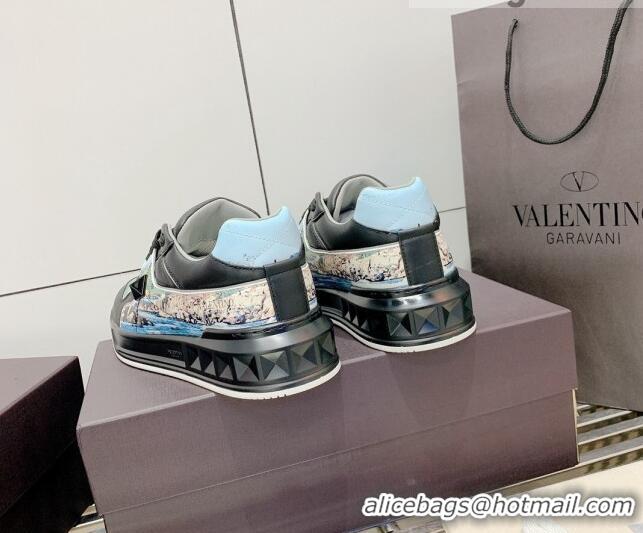 Best Price Valentino One Stud Print Leather Low-Top Sneakers 092530 Blue/Black