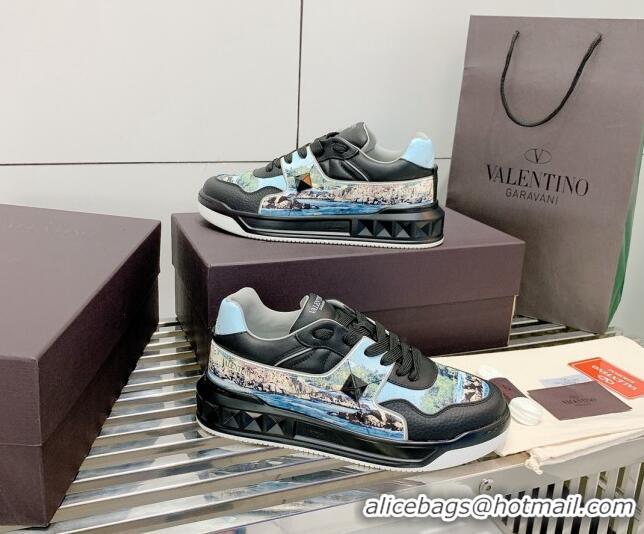 Best Price Valentino One Stud Print Leather Low-Top Sneakers 092530 Blue/Black