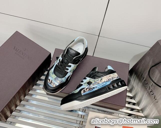 Best Price Valentino One Stud Print Leather Low-Top Sneakers 092530 Blue/Black