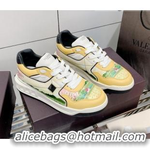 Top Quality Valentino One Stud Print Leather Low-Top Sneakers 092530 Yellow/White