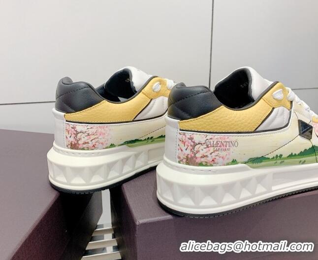 Top Quality Valentino One Stud Print Leather Low-Top Sneakers 092530 Yellow/White