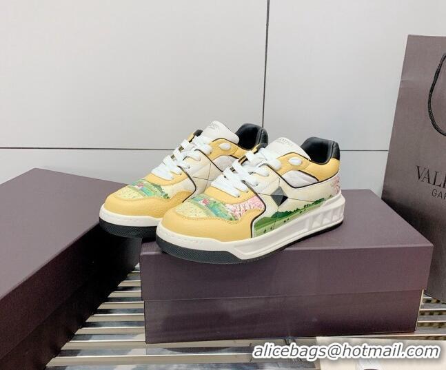 Top Quality Valentino One Stud Print Leather Low-Top Sneakers 092530 Yellow/White