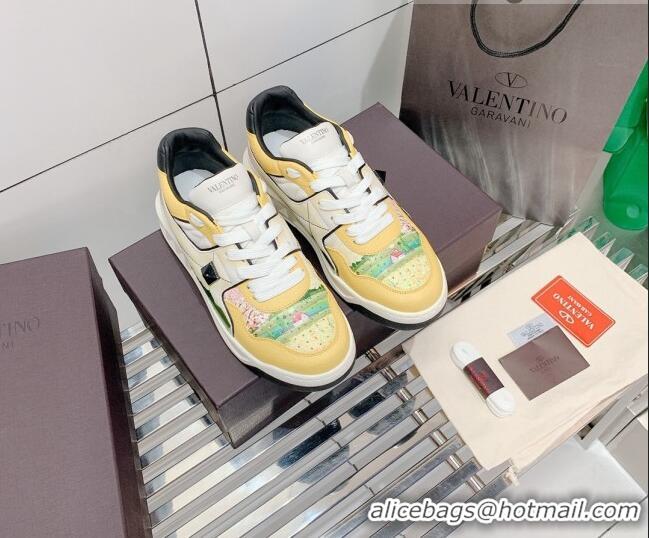 Top Quality Valentino One Stud Print Leather Low-Top Sneakers 092530 Yellow/White