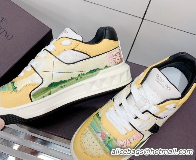 Top Quality Valentino One Stud Print Leather Low-Top Sneakers 092530 Yellow/White