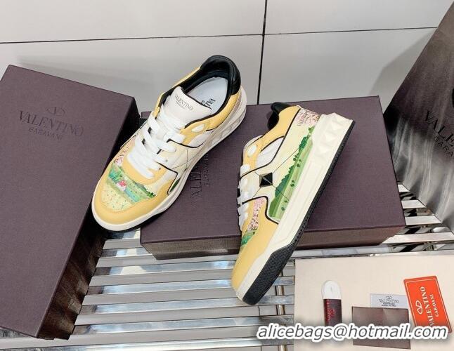 Top Quality Valentino One Stud Print Leather Low-Top Sneakers 092530 Yellow/White