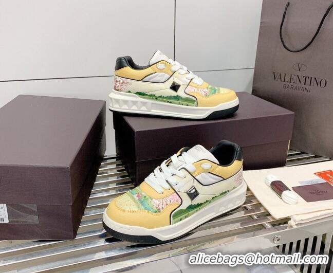 Top Quality Valentino One Stud Print Leather Low-Top Sneakers 092530 Yellow/White