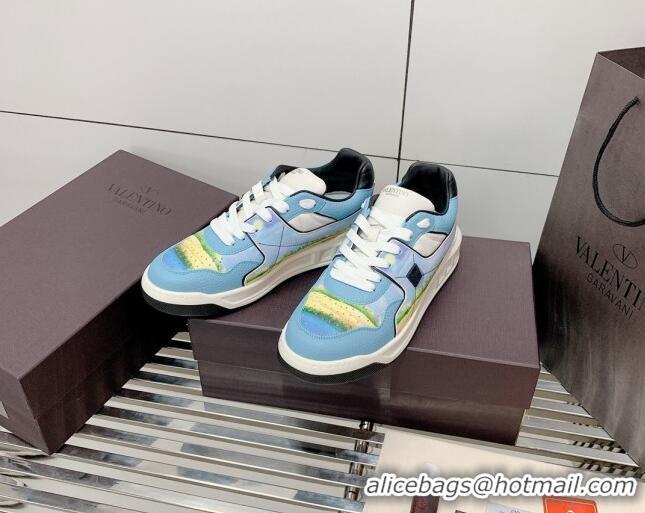 Super Quality Valentino One Stud Print Leather Low-Top Sneakers 092530 Blue/White