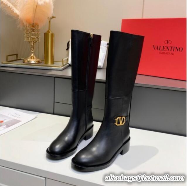 Perfect Valentino VLogo Calfskin High Boots 4cm 092541 Black